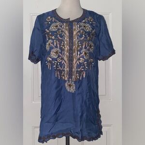 Sundance Light Blue Cupro Embroidered Collarless Blouse M
